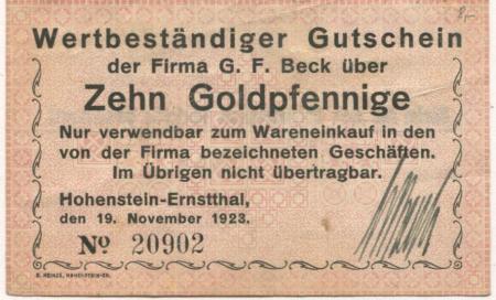 Hohenstein-Ernstthal - Beck, G. F. - 19.11.1923 - 10 Gold-Pfennig 