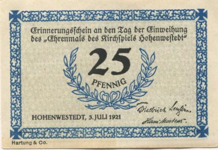 Hohenwestedt - Kirchspiel - 3.7.1921 - 25 Pfennig 