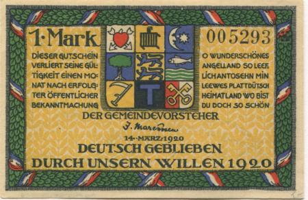 Holnis (heute: Glücksburg) - Gemeinde - 14.3.1920 - 1 Mark 