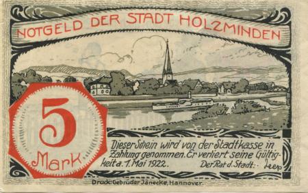 Holzminden - Stadt - - 1.5.1922 - 5 Mark 