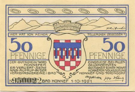 Honnef - Verkehrsvereine Bad Honnef  und Rhöndorf - 1.10.1921 - 50 Pfennig 