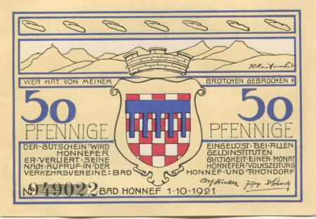 Honnef - Verkehrsvereine Bad Honnef  und Rhöndorf - 1.10.1921 - 50 Pfennig 