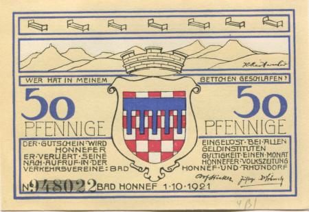 Honnef - Verkehrsvereine Bad Honnef  und Rhöndorf - 1.10.1921 - 50 Pfennig 