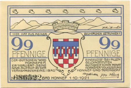 Honnef - Verkehrsvereine Bad Honnef  und Rhöndorf - 1.10.1921 - 99 Pfennig 
