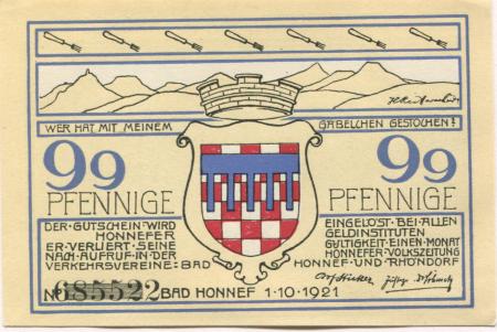 Honnef - Verkehrsvereine Bad Honnef und Rhöndorf - 1.10.1921 - 99 Pfennig 