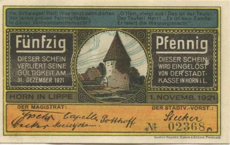 Horn (heute: Horn-Meinberg) - Stadt - 1.11.1921 - 31.12.1921 - 50 Pfennig 