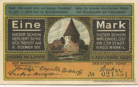 Horn (heute: Horn-Meinberg) - Stadt - 1.11.1921 - 31.12.1921 - 1 Mark 