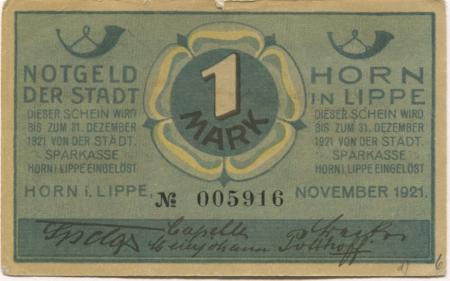Horn (heute: Horn-Meinberg) - Stadt - November 1921 - 31.12.1921 - 1 Mark 