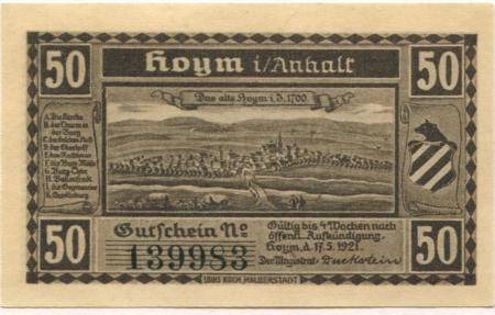 Hoym (heute: Seeland) - Stadt - 17.5.1921 - 50 Pfennig 