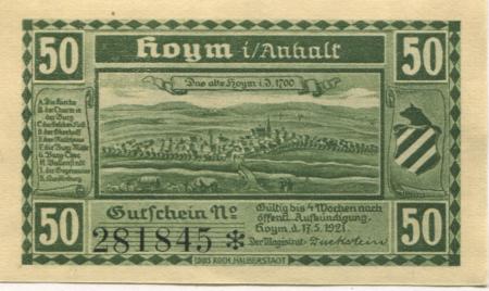 Hoym (heute: Seeland) - Stadt - 17.5.1921 - 50 Pfennig 