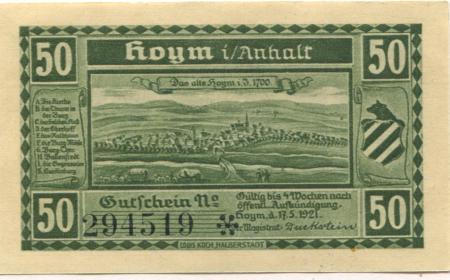 Hoym (heute: Seeland) - Stadt - 17.5.1921 - 50 Pfennig 