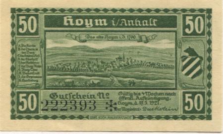 Hoym (heute: Seeland) - Stadt - 17.5.1921 - 50 Pfennig 