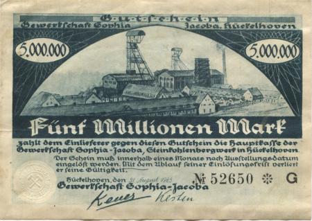 Hückelhoven - Gewerkschaft Sophia Jacoba, Steinkohlenbergwerk - 31.8.1923 -  5 Millionen Mark 