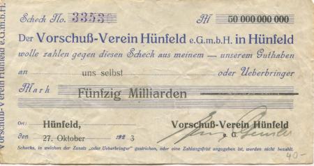 Hünfeld - Vorschuss-Verein eGmbH - 27.10.1923 - 50 Milliarden Mark 