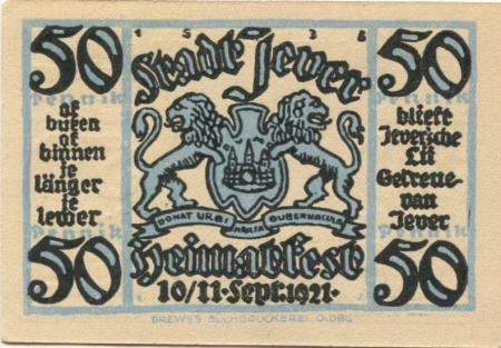 Jever - Heimatverein - 10.-11.9.1921 - 50 Pfennig 