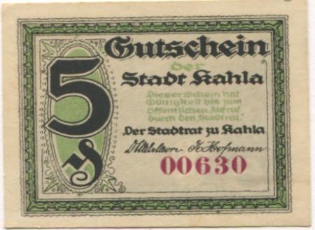 Kahla - Stadt - 1921 - 5 Pfennig 