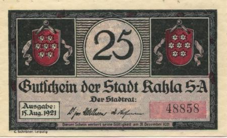 Kahla - Stadt - 15.8.1921 - 31.12.1921 - 25 Pfennig 