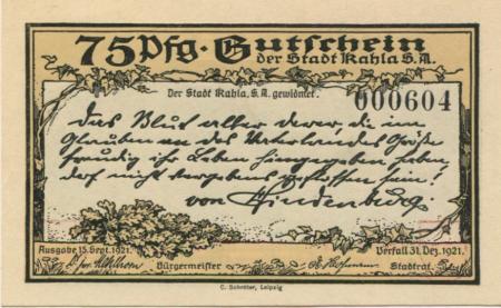 Kahla - Stadt - 15.9.1921 - 31.12.1921 - 75 Pfennig 