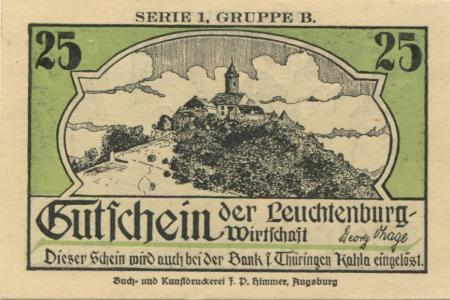 Kahla - Ohage, Georg, Leuchtenburg-Wirtschaft - 30.4.(1921) - 25 Pfennig 