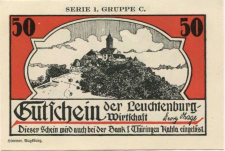 Kahla - Ohage, Georg, Leuchtenburg-Wirtschaft - 30.4.(1921) - 50 Pfennig 