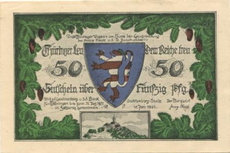 Kahla - Ohage, Georg, Leuchtenburg-Wirtschaft - 15.6.1921 - 31.12.1921 - 50 Pfennig 