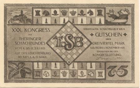Kahla - Thüringer Schachbund - - 1.11.1921 - 75 Pfennig 