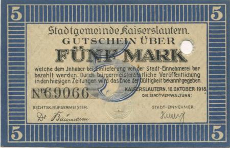 Kaiserslautern - Stadt - 10.10.1918 - 5 Mark 