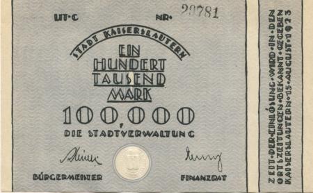 Kaiserslautern - Stadt - 15.8.1923 - 100000 Mark 