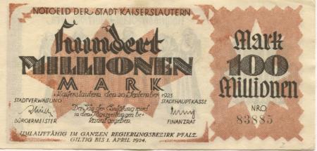 Kaiserslautern - Stadt - 20.9.1923 - 1.4.1924 - 100 Millionen Mark 
