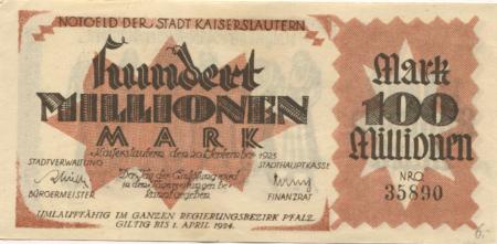 Kaiserslautern - Stadt - 20.9.1923 - 1.4.1924 - 100 Millionen Mark 