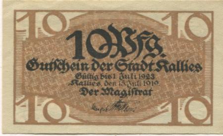 Kallies (heute: PL-Kalisz Pomorski) - Stadt - 15.7.1919 - 1.4.1923 - 10 Pfennig 