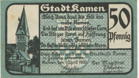 Kamen - Stadt - 1.4.1920 - 50 Pfennig 