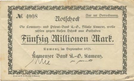 Kamenz - Kamenzer Bank AG - September 1923 - 50 Millionen Mark 