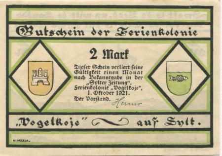 Kampen - Ferienkolonie Vogelkoje - 1.10.1921 - 2 Mark 