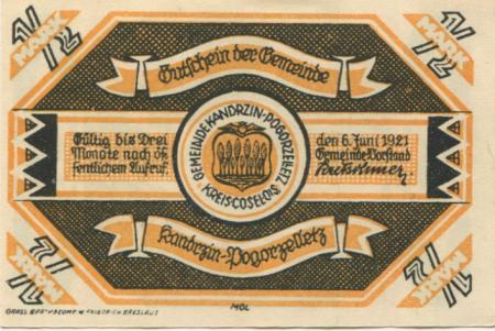 Kandrzin-Pogorzelletz (heute: PL-Kedrzierzyn) - Gemeinde - 6.6.1921 - 1/2 Mark 