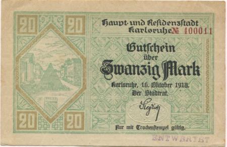 Karlsruhe - Stadt - 16.10.1918 - 1.2.1919 - 20 Mark 