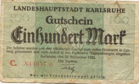 Karlsruhe - Stadt - 21.9.1922 - 100 Mark 