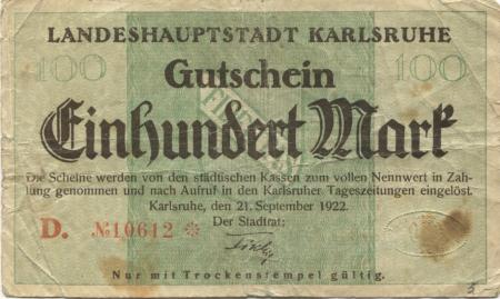 Karlsruhe - Stadt - 21.9.1922 - 100 Mark 