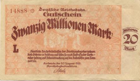 Karlsruhe - Reichsbahndirektion - 20.8.1923 - 20 Millionen Mark 