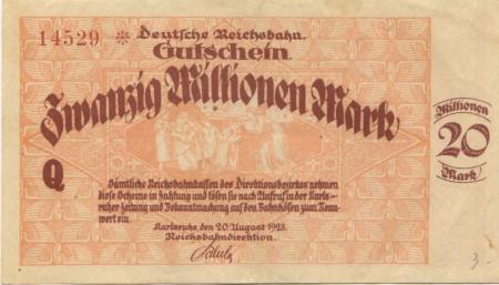 Karlsruhe - Reichsbahndirektion - 20.8.1923 - 20 Millionen Mark 
