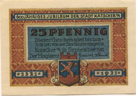 Katscher (heute: PL-Kietrz) - Stadt - September 1921 - 31.12.1921 - 25 Pfennig 