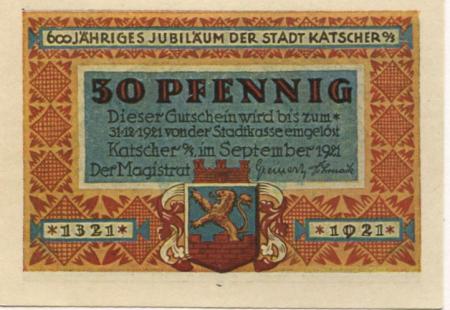 Katscher (heute: PL-Kietrz) - Stadt - September 1921 - 31.12.1921 - 50 Pfennig 