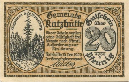 Katzhütte - Gemeinde - 15.12.1920 - 20 Pfennig 
