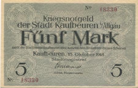 Kaufbeuren - Stadt -  15.10.1918 - 31.12.1918 - 5 Mark 
