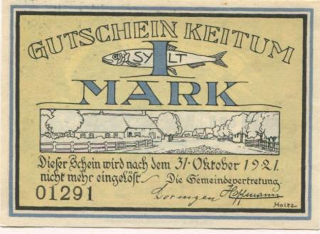 Keitum (heute: Sylt) - Gemeinde - - 31.10.1921 - 1 Mark 