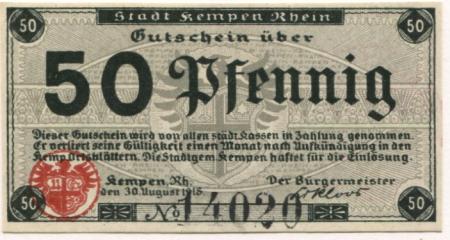 Kempen - Stadt - 30.8.1918 - 50 Pfennig 