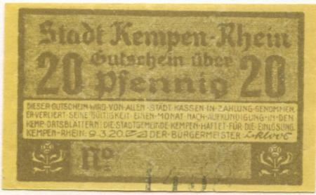 Kempen - Stadt - 9.3.1920 - 20 Pfennig 