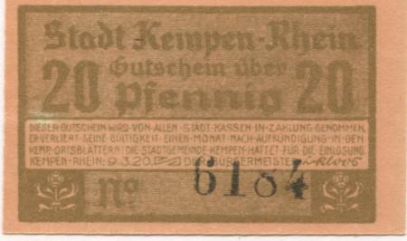 Kempen - Stadt - 9.3.1920 - 20 Pfennig 
