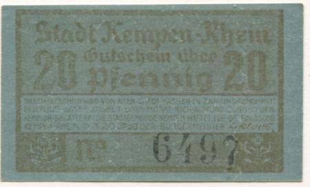 Kempen - Stadt - 9.3.1920 - 20 Pfennig 