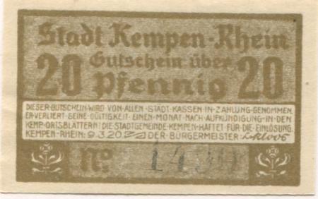 Kempen - Stadt - 9.3.1920 - 20 Pfennig 